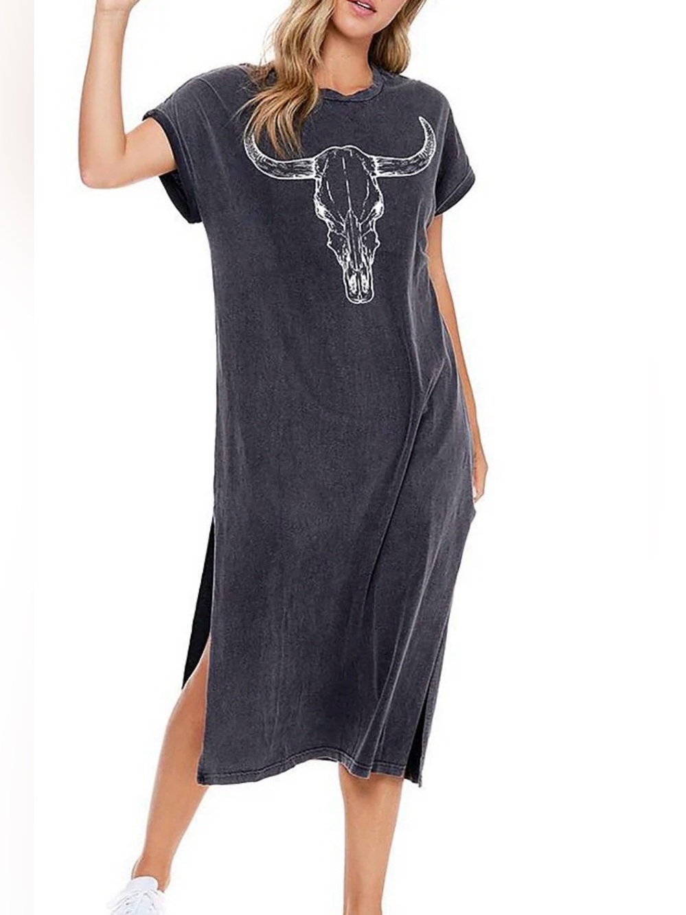 Washed Black Midi T-Shirt Dress with Bull Skull Graphic